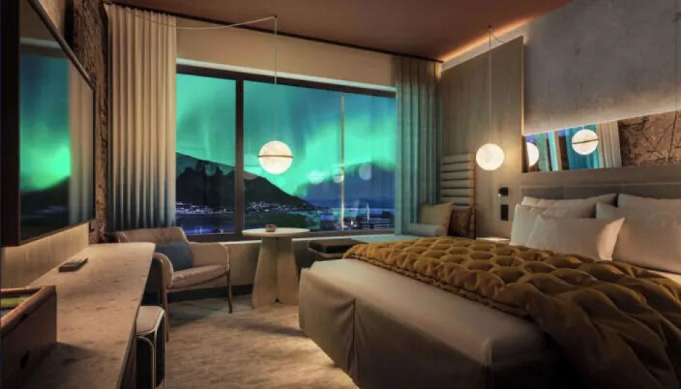 ILLUSTRASJON: Scandic Hotels illustrerer utsikten fra et hotellrom når Nordlyset danser på himmelen. Nordlyset er en av tingene som trekker internasjonale gjester til Norge.