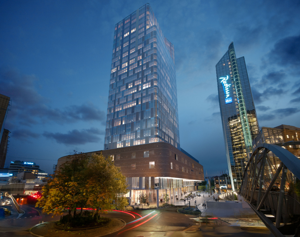 Nye Oslo Spektrum fra gangbro: Den nye kongress- og kulturscenen i Oslo.