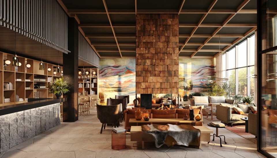 Slik skal lobbyen se ut på Elite Hotel Kiruna. Hotellet står ferdig i juni 2025.
