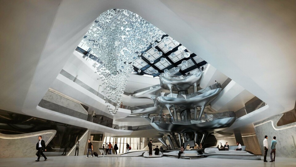 LET'S ALL GO TO THE LOBBY: ...to get ourselves a treat, heter det i sangen. Og det er til lobbyen hotellene vil trekke folk, både fra gaten og rommene. Her er Zaha Hadids drømmelobby, som snart blir virkelighet i Me Dubai Hotel.