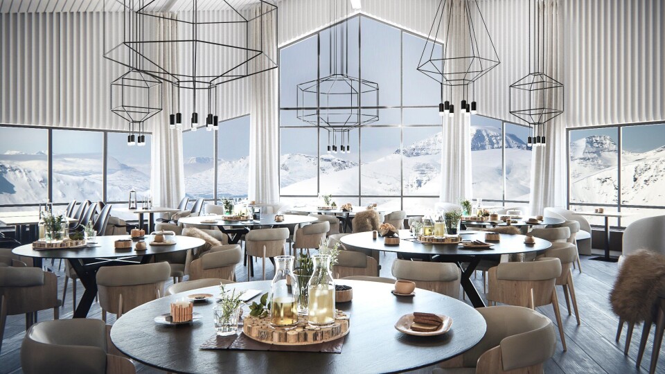 SATSER STORT: Dette er de første bildene av Hurtigrutens nye storsatsing på Svalbard. Bildet viser hvordan restauranten på Radisson Blu Polar Hotel vil se ut etter oppgraderingen.