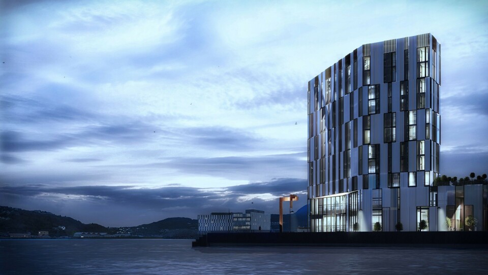 HØYT: Slik blir Stordalens nye hotell på kaikanten i Harstad. Åpning blir i 2021.