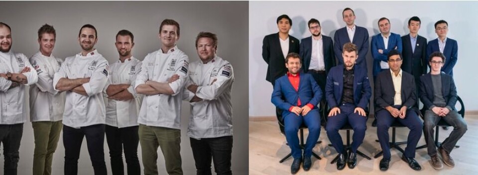 Kokkene: Fra venstre: Christian André Pettersen, Marius Dragsten Kjelsrud, Filip August Bendi , Øyvind Bøe Dalelv, Håvard Werkland, Gunnar Hvarnes (faglig leder i Akademiet). Sjakkgjengen, foran fra venstre: Levon Aronian (Armenia), Magnus Carlsen (Norge), Viswanathan Anand (India), Fabiano Caruana (USA) Bak fra venstre: Wesley So (USA), Maxime Vachier-Lagrave (Frankrike), Alexander Grischuk (Russland), Shakhriyar Mamedyarov (Azerbajian), Ding Liren (Kina), Yangyi Yu (Kina). Foto: Foto: Tom Haga og Lennart Ootes.