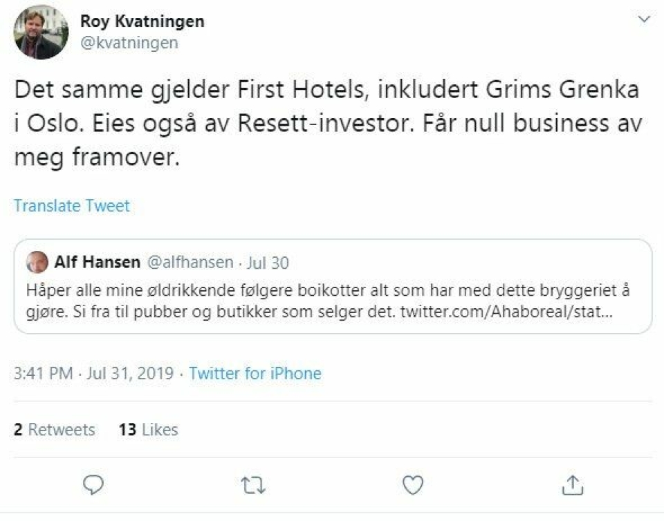 BOIKOTTER: Flere brukere på Twitter har oppfordret til å boikotte First Hotels så lenge Haare er eier av nettstedet Resett.