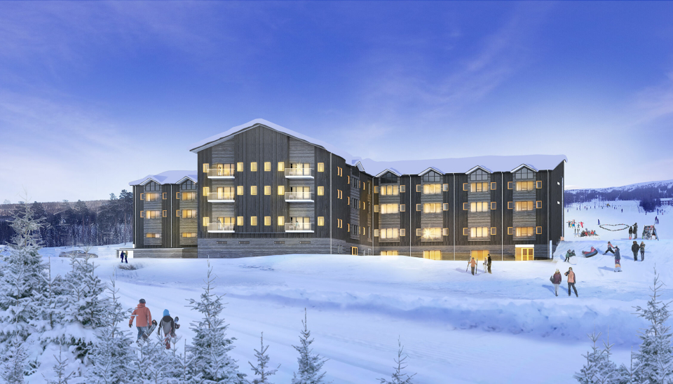 LODGE: Til høsten står Stöten Ski Lodge Soltorget klar til innflytting med blant annet 49 leiligheter, parkeringskjeller, restaurant, bar fordelt på 6500 m2.
