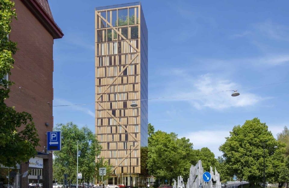 HØYT: Dette trehotellet kan bli en realitet om få år hvis politikerne ii Karlstad og Buchardt blir enige. Hotellet skal bygges midt i byen, og blir 100 meter høyt.