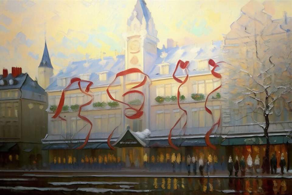 Grand Hotels fasade i 1874 gjenskapt av KI i 2024. Hotellet feirer 150 år.