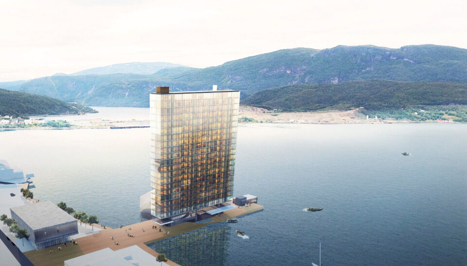 Slik ser man for seg hotellet. Foreløpig ligger planene på is.